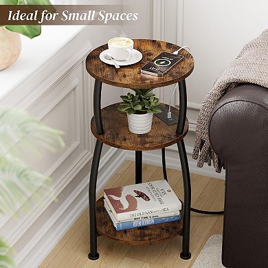 3-Tier Round Side Table Industrial Storage Slim for Small Spaces Sofa Gaps Living Room Bedroom