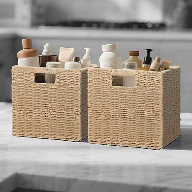 3 Pack Foldable Wicker Storage Baskets Square Organizer Bins with Handles Rustic Home Closet Shelf