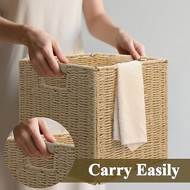 3 Pack Foldable Wicker Storage Baskets Square Organizer Bins with Handles Rustic Home Closet Shelf