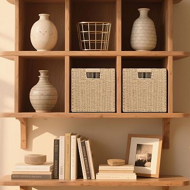 3 Pack Foldable Wicker Storage Baskets Square Organizer Bins with Handles Rustic Home Closet Shelf