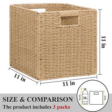 3 Pack Foldable Wicker Storage Baskets Square Organizer Bins with Handles Rustic Home Closet Shelf