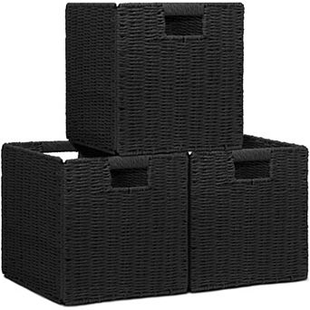 3 Pack Foldable Wicker Storage Baskets Square Organizer Bins with Handles Rustic Home Closet Shelf