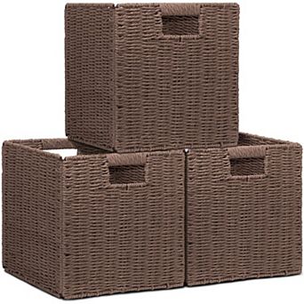 3 Pack Foldable Wicker Storage Baskets Square Organizer Bins with Handles Rustic Home Closet Shelf