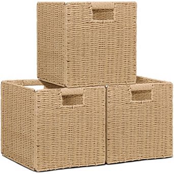 3 Pack Foldable Wicker Storage Baskets Square Organizer Bins with Handles Rustic Home Closet Shelf