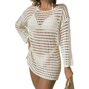 Women's Knit Hollow-Out Cover-Up Round Neck Long Sleeve Crochet Pullover Bikini Swimwear Cover Up