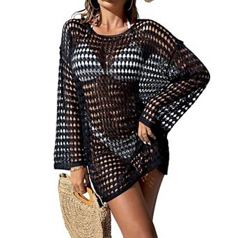 Women's Knit Hollow-Out Cover-Up Round Neck Long Sleeve Crochet Pullover Bikini Swimwear Cover Up