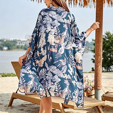 Women's Open Front Kimono Shirt Dress, Lightweight Beach Cover-Up with Collared Neck