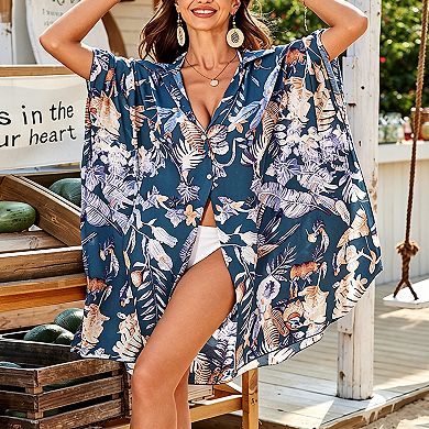 Women's Open Front Kimono Shirt Dress, Lightweight Beach Cover-Up with Collared Neck