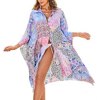 Women's Open Front Kimono Shirt Dress, Lightweight Beach Cover-Up with Collared Neck