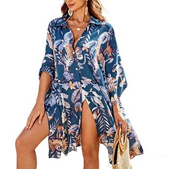Women's Open Front Kimono Shirt Dress, Lightweight Beach Cover-Up with Collared Neck