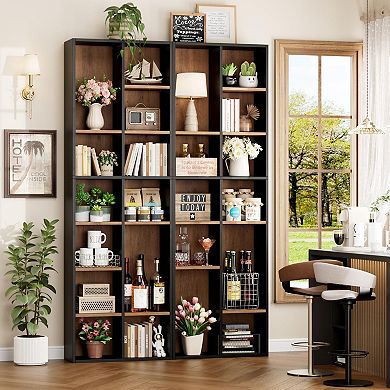 71'' Tall 7Tier Double Wide Bookshelf 14 Cubes 6 Adjustable Shelves Wood Media Storage Shelf