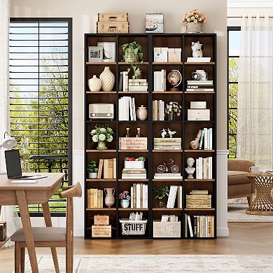 71'' Tall 7Tier Double Wide Bookshelf 14 Cubes 6 Adjustable Shelves Wood Media Storage Shelf