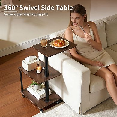 360° Swivel C-Shaped Side Table with Storage Height Adjustable, Rolling Wheels For Couch Sofa