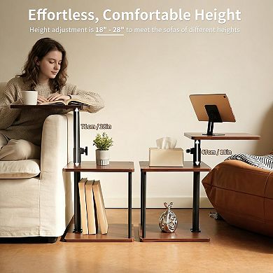 360° Swivel C-Shaped Side Table with Storage Height Adjustable, Rolling Wheels For Couch Sofa