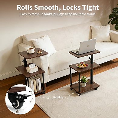 360° Swivel C-Shaped Side Table with Storage Height Adjustable, Rolling Wheels For Couch Sofa