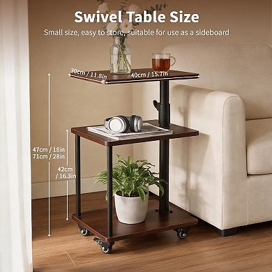 360° Swivel C-Shaped Side Table with Storage Height Adjustable, Rolling Wheels For Couch Sofa