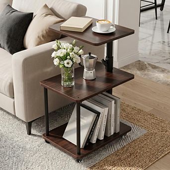 360° Swivel C-Shaped Side Table with Storage Height Adjustable, Rolling Wheels For Couch Sofa