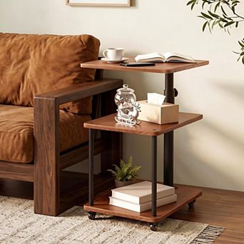 360° Swivel C-Shaped Side Table with Storage Height Adjustable, Rolling Wheels For Couch Sofa