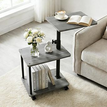 360° Swivel C-Shaped Side Table with Storage Height Adjustable, Rolling Wheels For Couch Sofa