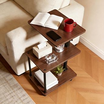 360° Swivel C-Shaped Side Table with Storage Height Adjustable, Rolling Wheels For Couch Sofa