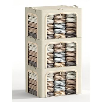 3 Openings Clothes Storage Bins Foldable Linen Box Clear Window Durable Handles Stackable Steel