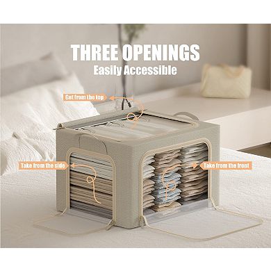 3 Openings Clothes Storage Bins Foldable Linen Box Clear Window Durable Handles Stackable Steel