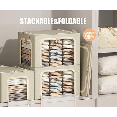 3 Openings Clothes Storage Bins Foldable Linen Box Clear Window Durable Handles Stackable Steel