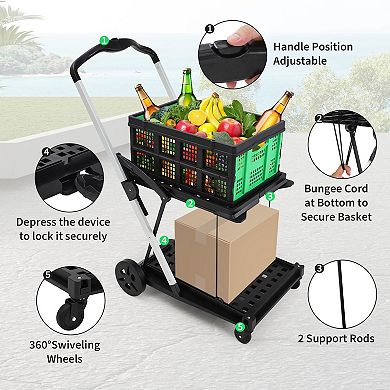 2-Tier Collapsible Utility Cart with 360° Swivel Wheels, Adjustable Portable Design for Picnic Use