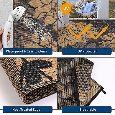 Floral Outdoor Rug Waterproof, Reversible Plastic Straw Mat with Carry Bag, for Patio Deck Camping