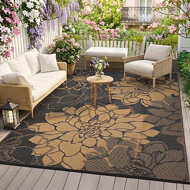 Floral Outdoor Rug Waterproof, Reversible Plastic Straw Mat with Carry Bag, for Patio Deck Camping