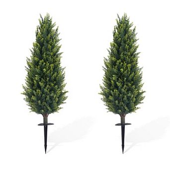 2-Pack 3.3ft Artificial Cedar Topiary Trees with Ground Stakes for Front Porch, Patio, Yard Decor