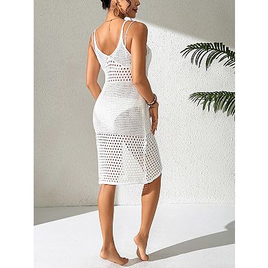 Women's V-Neck Split Beach Cover-Up Cami Dress Hollow Out Swimsuit Smock