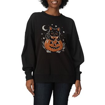 Women's Halloween Kitten Oversized Fleece Crew Sweatshirt