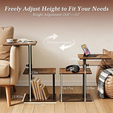 360° Swivel C Shaped End Table Height Adjustable 3-Tier Storage Living Room Bedroom