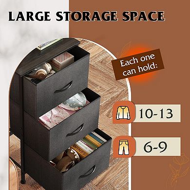 3 Drawer Fabric Storage Cabinet with Wheels Sturdy Steel Frame Rustic Wood Grain