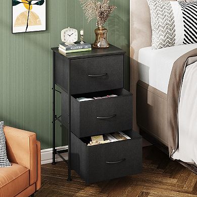 3 Drawer Fabric Storage Cabinet with Wheels Sturdy Steel Frame Rustic Wood Grain
