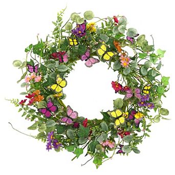 20" Spring Summer Wreath Butterflies Eucalyptus Fern Vine Gift Box