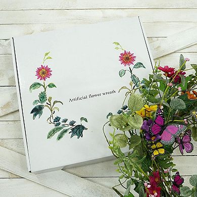 20" Spring Summer Wreath Butterflies Eucalyptus Fern Vine Gift Box