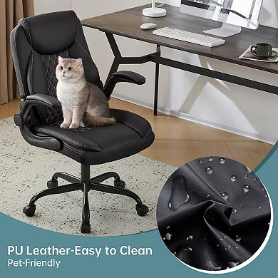 Trikiousd Leather Ergonomic Office Chair with Flip-Up Armrests and Swivel Base