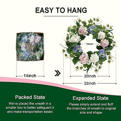 20" Spring Summer Hydrangea Wreath Front Door Decor