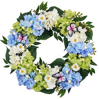 24" Spring Summer Hydrangeas Eucalyptus Butterfly Wreath
