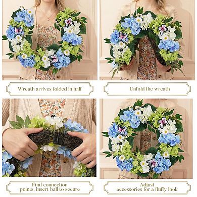 24" Spring Summer Hydrangeas Eucalyptus Butterfly Wreath
