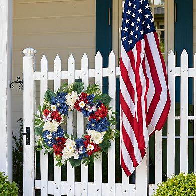 18" Patriotic Hydrangeas Wreath With Lights Eucalyptus Butterfly Summer Decor