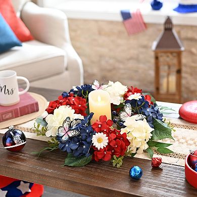 18" Patriotic Hydrangeas Wreath With Lights Eucalyptus Butterfly Summer Decor