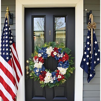 18" Patriotic Hydrangeas Wreath With Lights Eucalyptus Butterfly Summer Decor