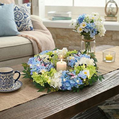 18" Spring Summer Hydrangeas Wreath With Lights Eucalyptus Butterfly Decor