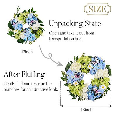 18" Spring Summer Hydrangeas Wreath With Lights Eucalyptus Butterfly Decor