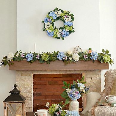 18" Spring Summer Hydrangeas Wreath With Lights Eucalyptus Butterfly Decor