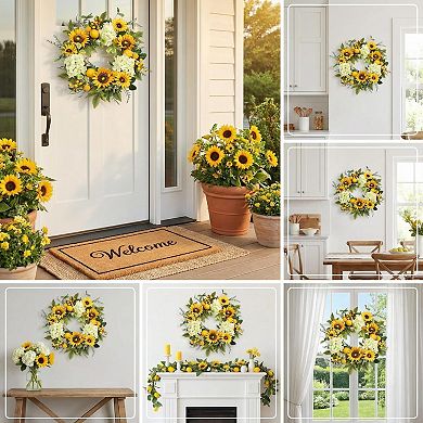 22in Sunflower Hydrangea Lemon Berry Summer Wreath Door Decor