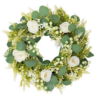 19" Spring Summer Wreath Rose Eucalyptus Berries Green Farmhouse Wedding Party Decor